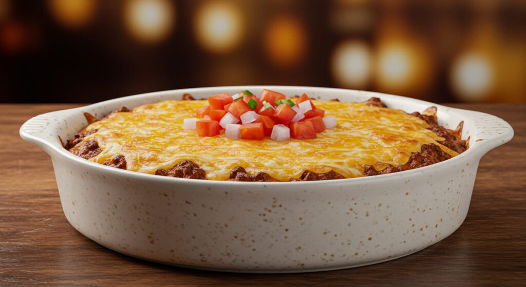 A vibrant 7-layer taco dip served in a glass dish, showcasing layers of refried beans, sour cream, guacamole, salsa, shredded cheese, lettuce, and diced tomatoes, garnished with cilantro.