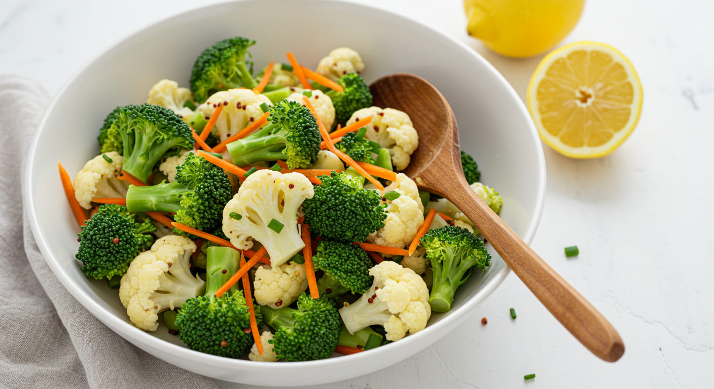 A vibrant broccoli cauliflower salad recipe in a white bowl, featuring fresh broccoli and cauliflower florets, shredded carrots, and a creamy dressing, topped with bacon bits and shredded cheese.