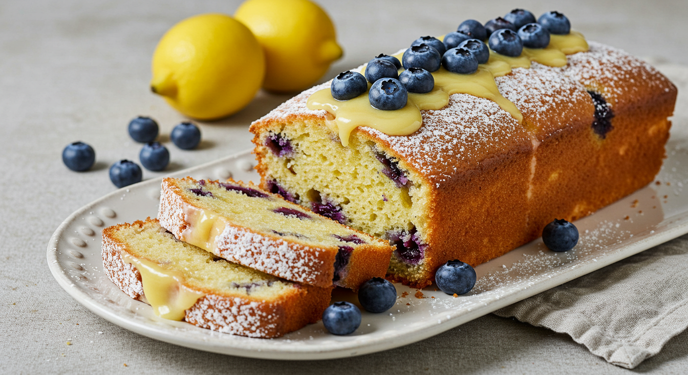 A moist lemon blueberry pound cake topped with a drizzle of lemon glaze, displayed on a wooden cutting board.