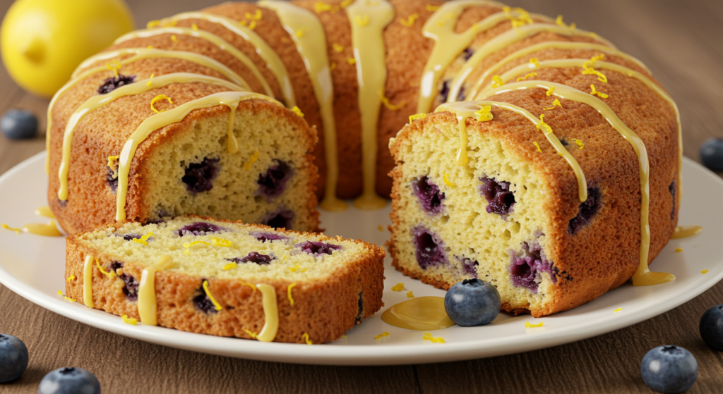 Freshly baked lemon blueberry pound cake with visible bursts of juicy blueberries and a zesty glaze cascading down the sides.