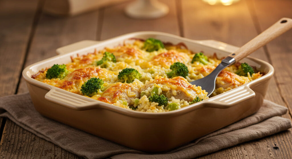 Golden and bubbly chicken broccoli rice casserole, freshly baked with creamy cheese and tender vegetables.