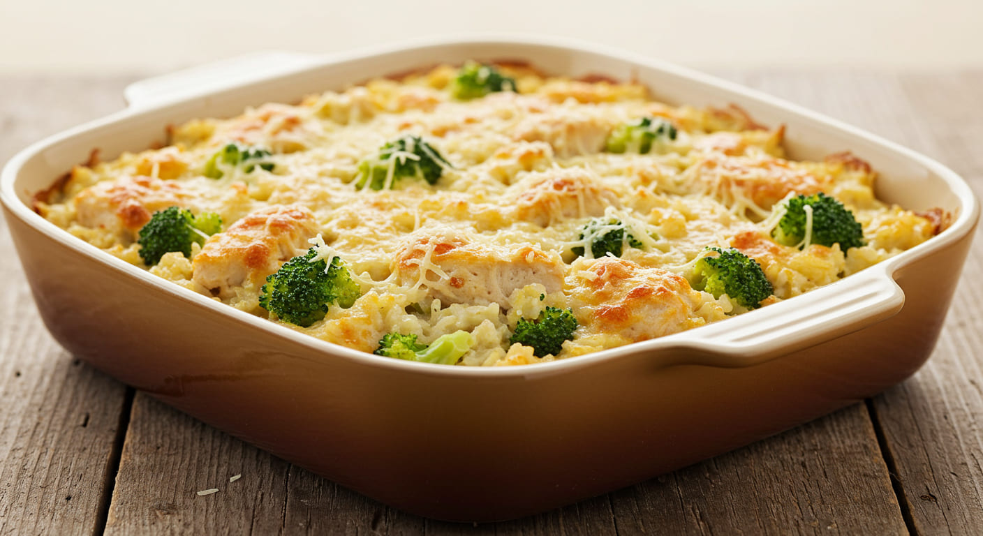 A hearty serving of chicken broccoli rice casserole topped with melted cheese, served in a baking dish.