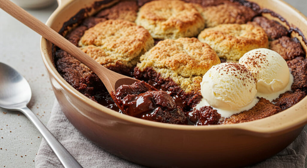 A rich, gooey chocolate cobbler recipe served warm in a white baking dish, topped with a scoop of melting vanilla ice cream.