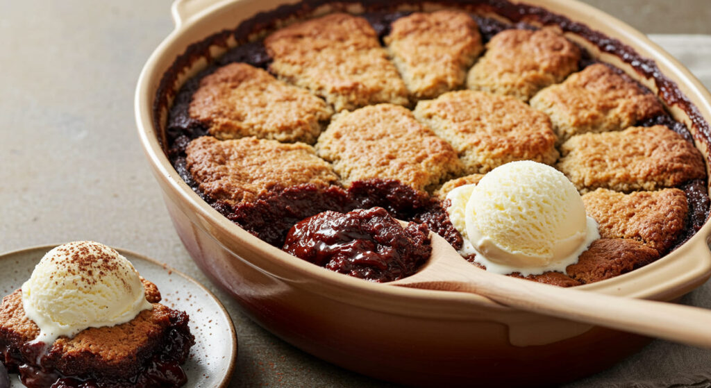 Close-up of a decadent chocolate cobbler recipe with a crackly, cake-like top and molten chocolate sauce underneath.