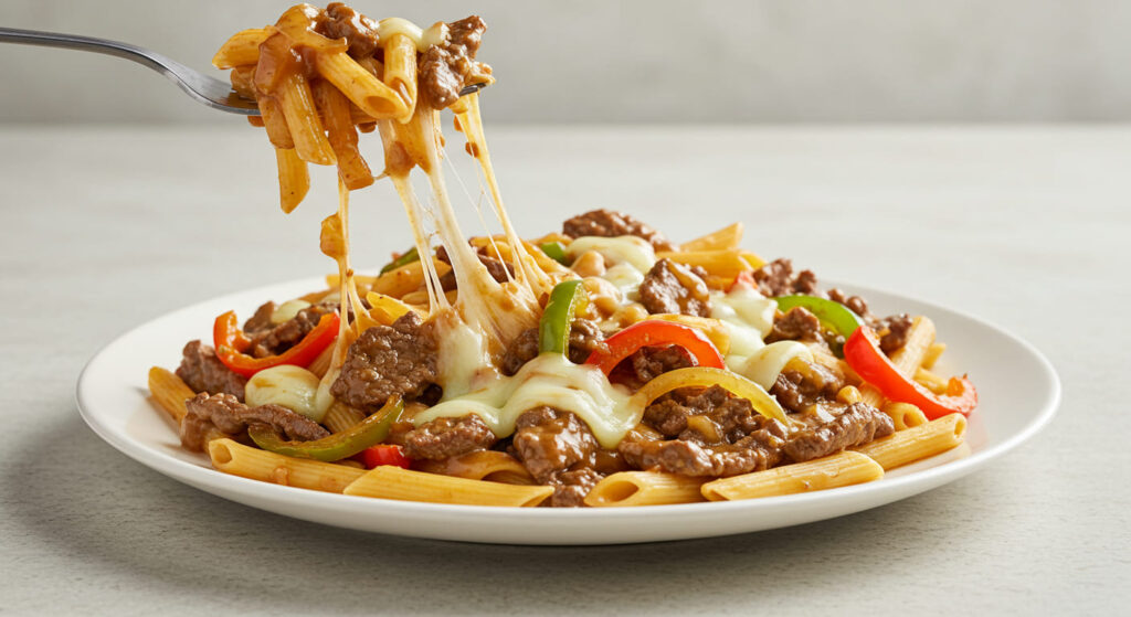 A hearty bowl of Philly Cheesesteak Pasta featuring tender beef, sautéed bell peppers and onions, creamy cheese sauce, and pasta, garnished with fresh parsley for a comforting, flavorful meal.