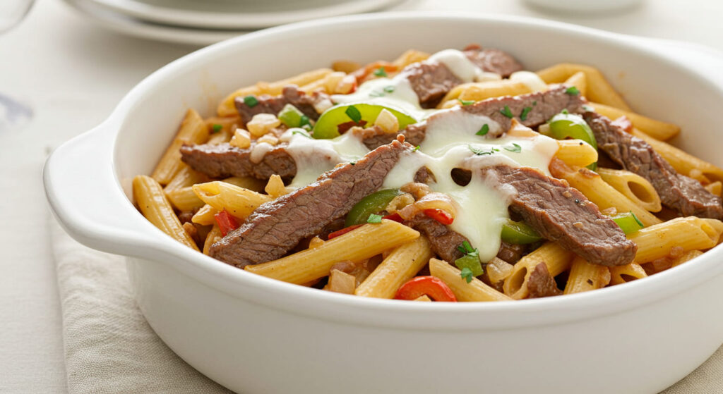 A hearty bowl of Philly Cheesesteak Pasta featuring tender beef, sautéed bell peppers and onions, creamy cheese sauce, and pasta, garnished with fresh parsley for a comforting, flavorful meal.