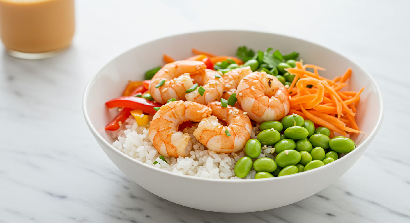 Fresh and colorful shrimp bowl recipe with sautéed shrimp, vibrant vegetables, fluffy rice, and a drizzle of sauce, served in a white bowl on a wooden table.