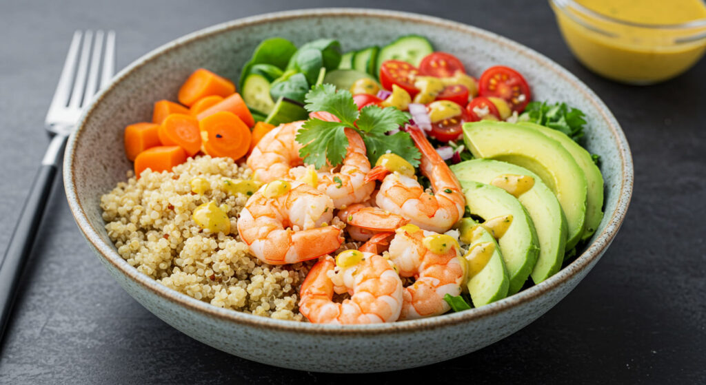 Fresh and colorful shrimp bowl recipe with sautéed shrimp, vibrant vegetables, fluffy rice, and a drizzle of sauce, served in a white bowl on a wooden table.