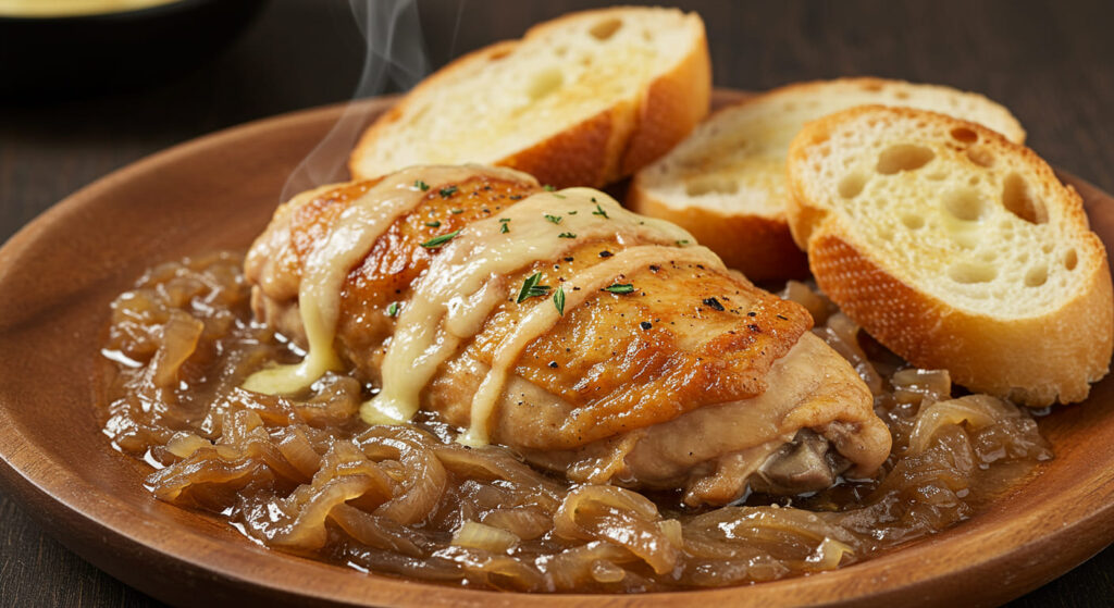 French Onion Chicken Recipe served with creamy mashed potatoes and steamed green beans on a white plate.