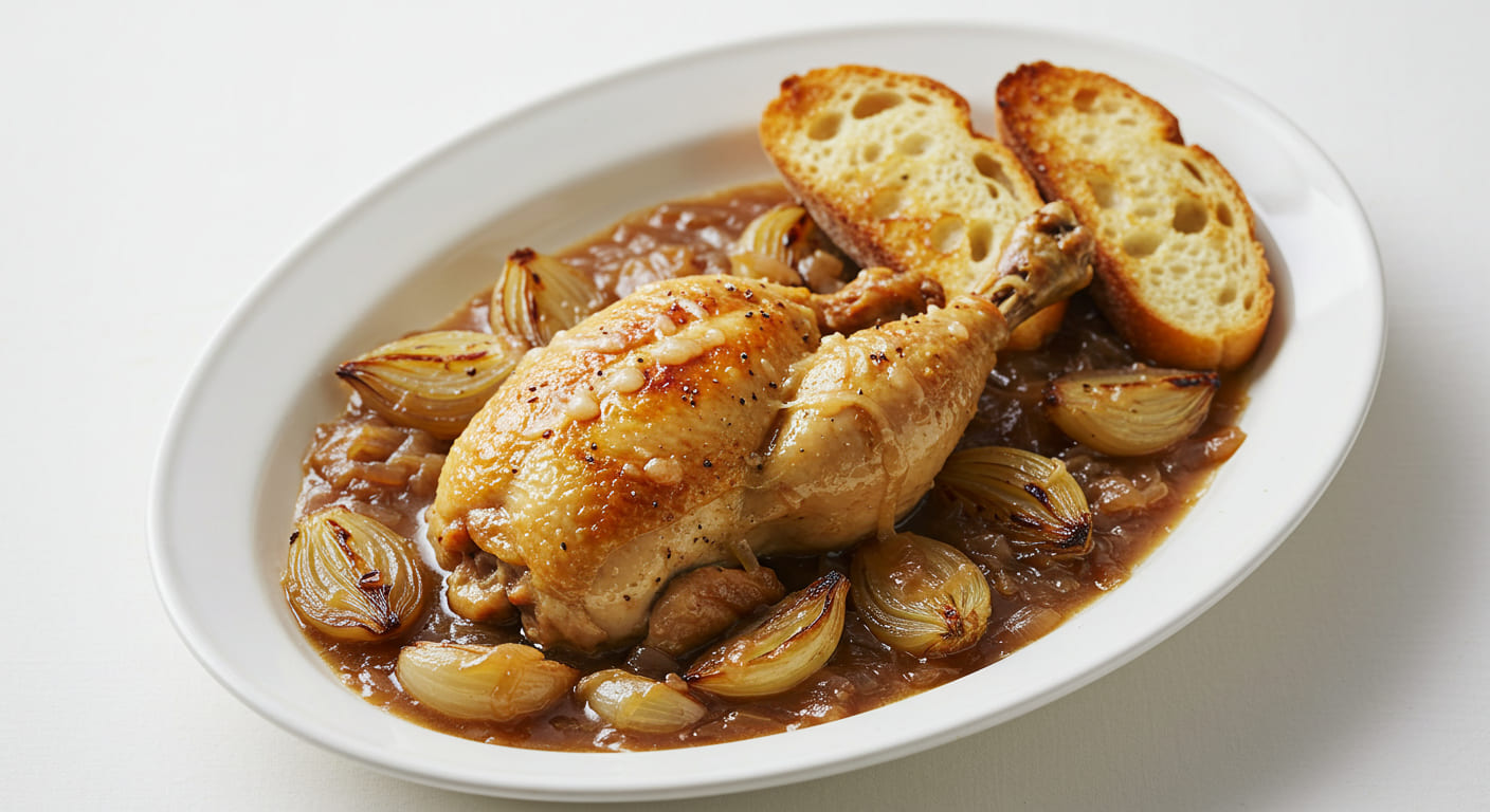 A golden-brown French Onion Chicken Recipe dish with caramelized onions, melted Gruyere cheese, and fresh thyme, served in a skillet.