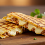 A happy child holding a slice of crispy air fryer quesadilla, smiling at the camera with a plate of food in the background.