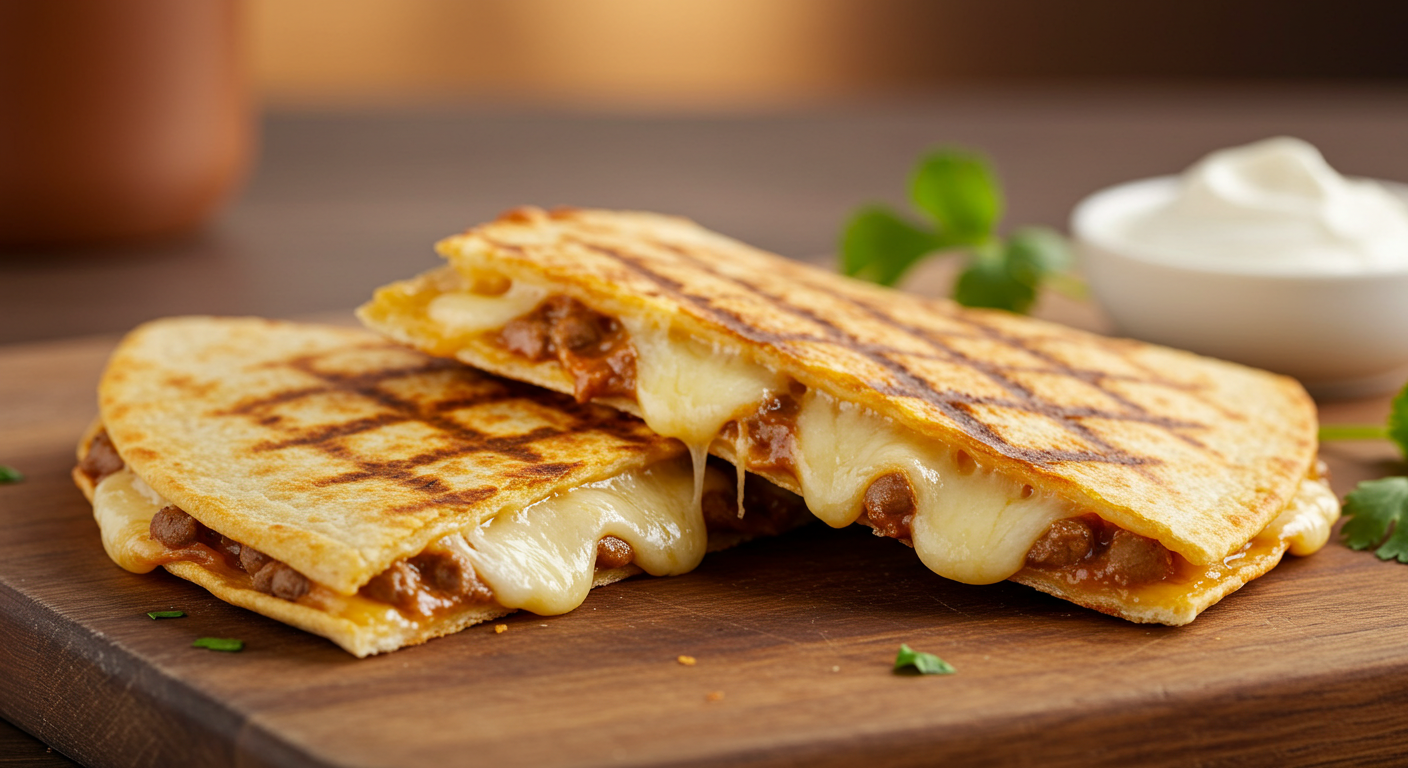 A happy child holding a slice of crispy air fryer quesadilla, smiling at the camera with a plate of food in the background.