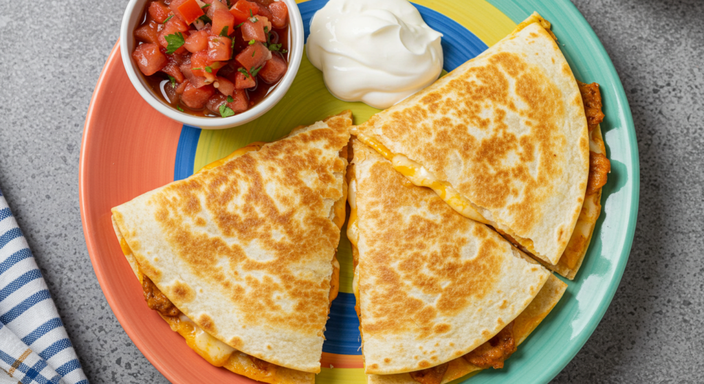 A happy child holding a slice of crispy air fryer quesadilla, smiling at the camera with a plate of food in the background.