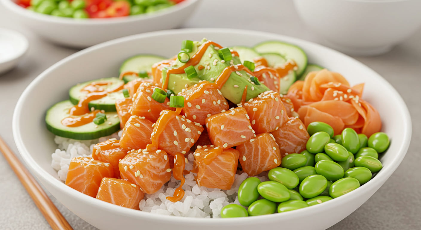 Homemade salmon poke bowl topped with avocado slices, edamame, sesame seeds, and crispy onions on a bed of seasoned rice.