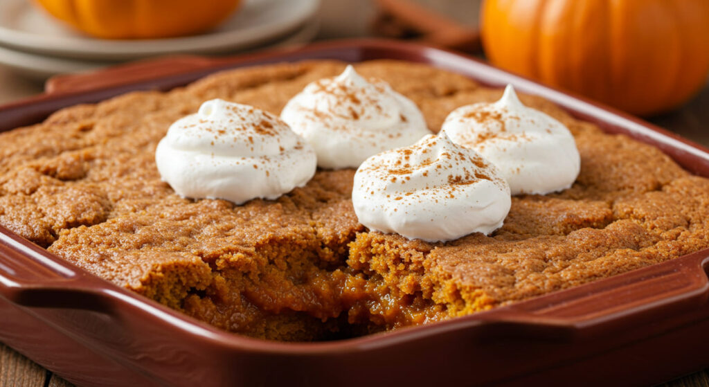 Golden-brown pumpkin dump cake topped with whipped cream and a drizzle of caramel sauce, served in a casserole dish.