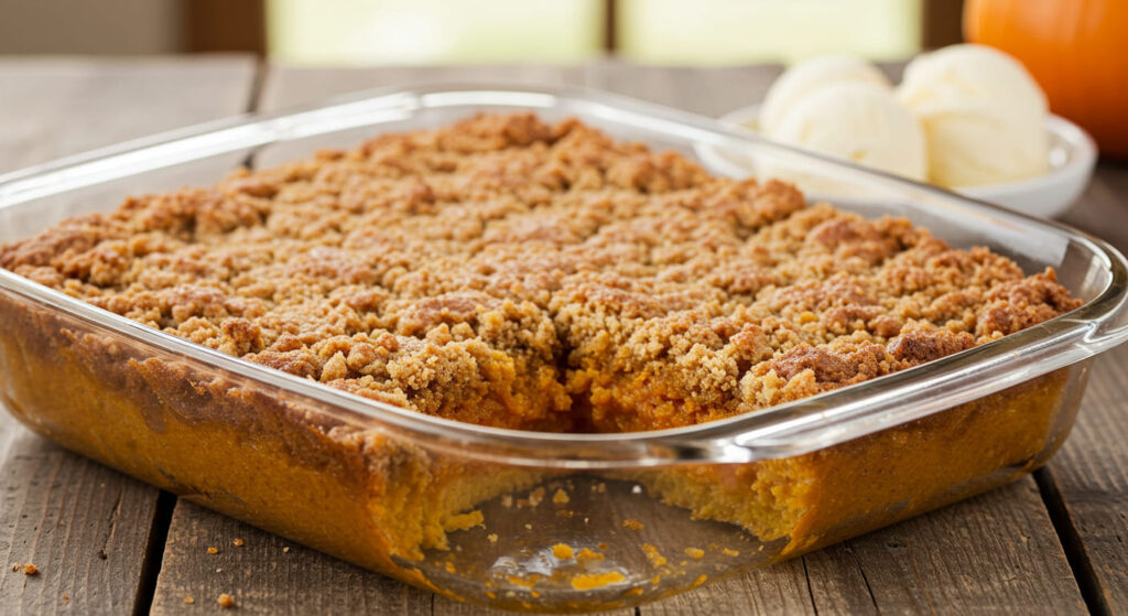 Baking dish filled with pumpkin mixture topped with dry cake mix and butter slices, ready to bake.