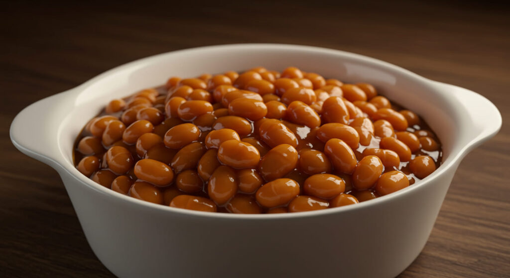 Close-up of a bowl of homemade baked beans garnished with fresh parsley.