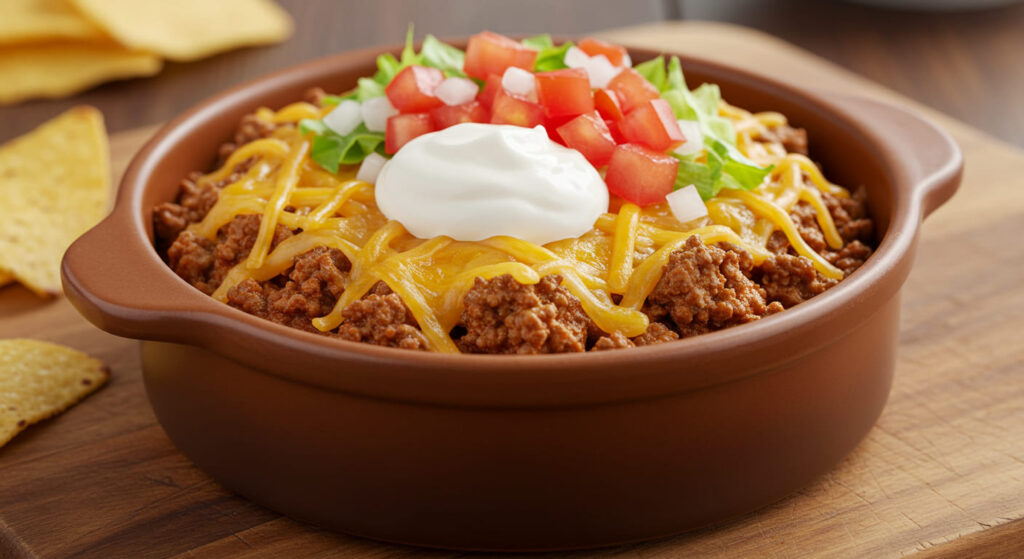 A creamy vegan taco dip topped with dairy-free cheese, black beans, fresh salsa, and chopped green onions, served with colorful vegetable sticks.