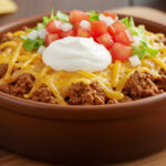 A creamy vegan taco dip topped with dairy-free cheese, black beans, fresh salsa, and chopped green onions, served with colorful vegetable sticks.