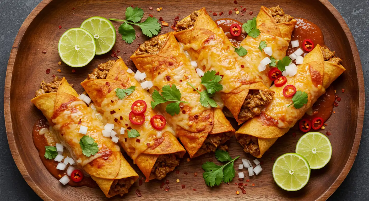 Plate of homemade Enchiladas Rojas topped with fresh cilantro, queso fresco, and sour cream, served with Mexican rice and lime wedges.