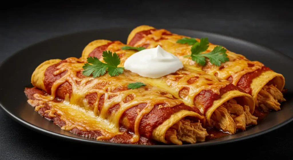 Close-up of Enchiladas Rojas covered in red chili sauce, garnished with fresh cilantro, queso fresco, and avocado slices.