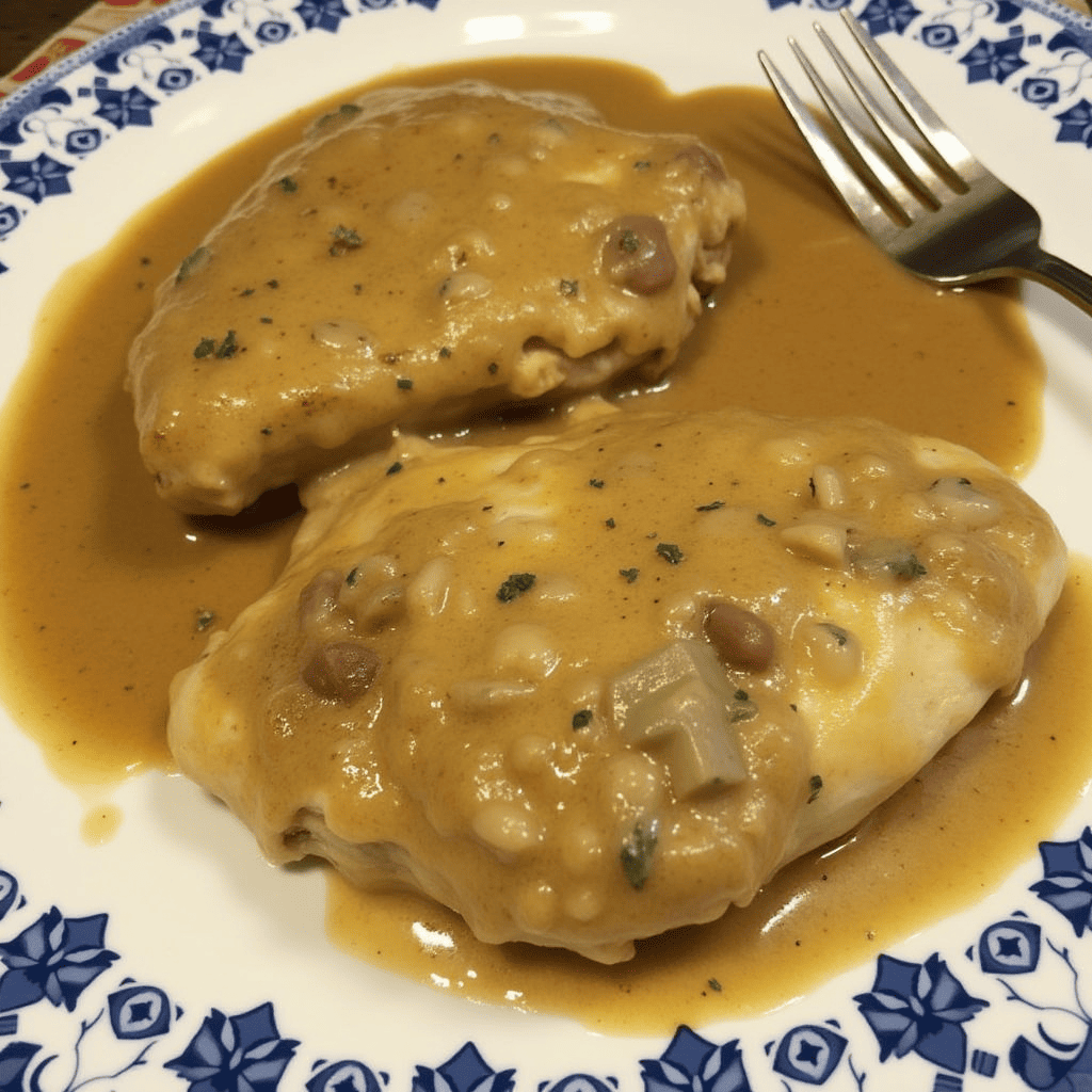 Golden seared chicken smothered in rich, creamy gravy, served in a cast-iron skillet with fresh herbs sprinkled on top.