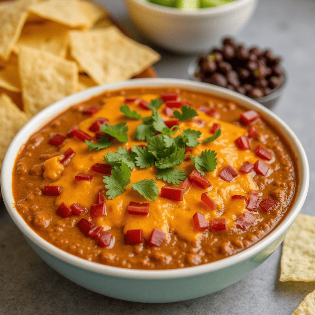 Creamy Rotel Dip recipe served in a white bowl, topped with chopped cilantro and surrounded by tortilla chips for dipping.