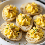 A platter of smoked deviled eggs arranged in a circular pattern, garnished with fresh chives and a sprinkle of paprika. The golden-brown smoked egg whites contrast beautifully with the creamy yellow filling, creating an appetizing and visually appealing dish.