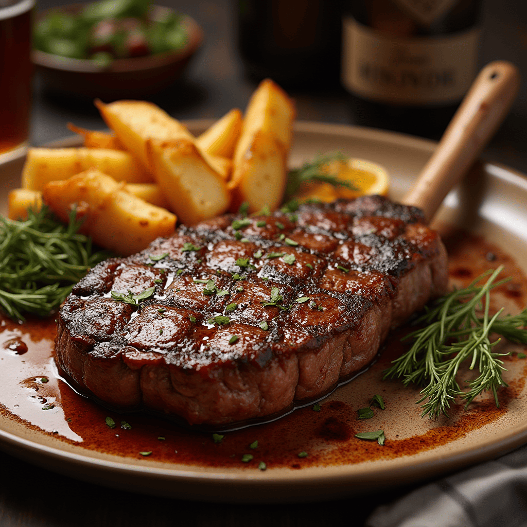 A perfectly cooked ribeye roast recipe with a golden-brown crust, resting on a carving board with fresh herbs as garnish.