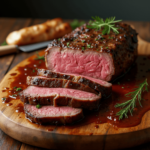 A raw ribeye roast recipe on a wooden cutting board, seasoned with salt, pepper, and fresh herbs, ready for cooking.